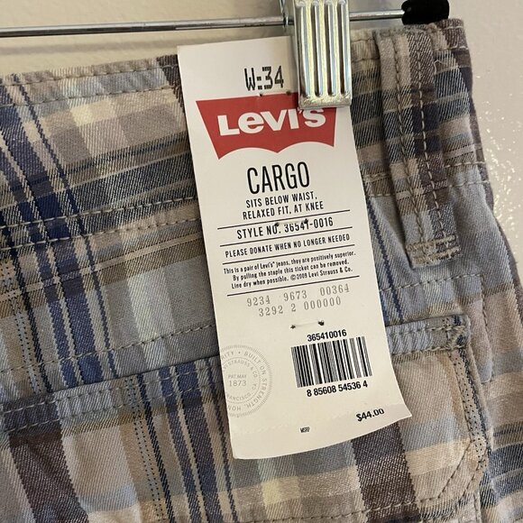 Levis Men 34 Blue/Tan Multicolor Plaid Relaxed Fit Sits at Knee Cargo Shorts NWT - Picture 8 of 12